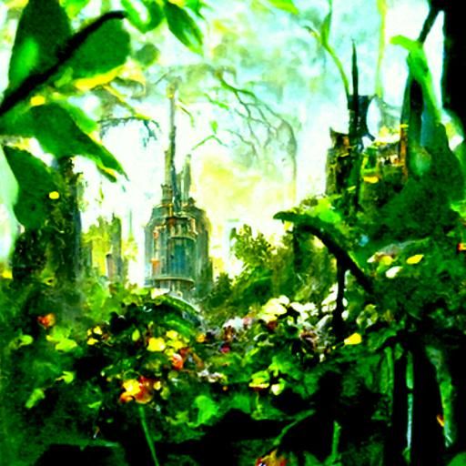 Overgrown city covered in vines and moss oil painting by Jam...