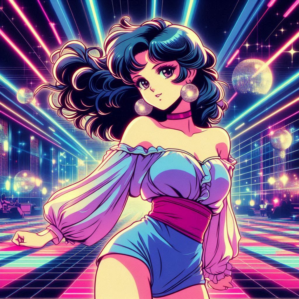 a 1980s anime style image of a woman fashion model drawn in ...