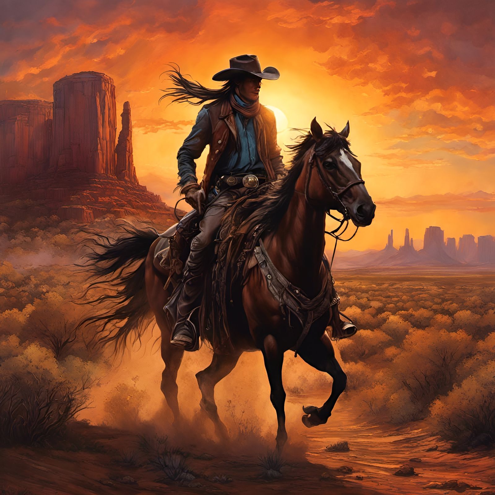 Cowboy riding into the sunset - AI Generated Artwork - NightCafe Creator