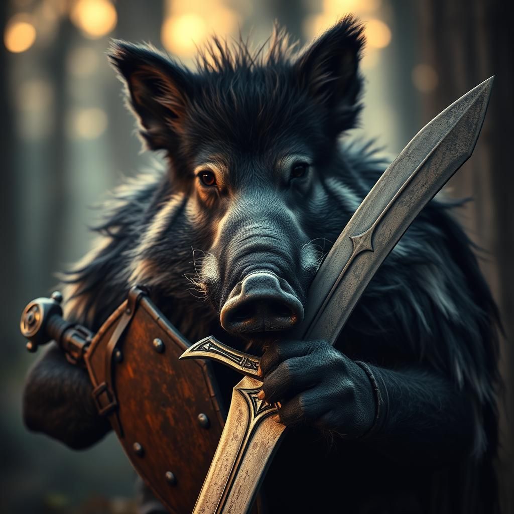 shield and sword in the hands of a werewolf boar