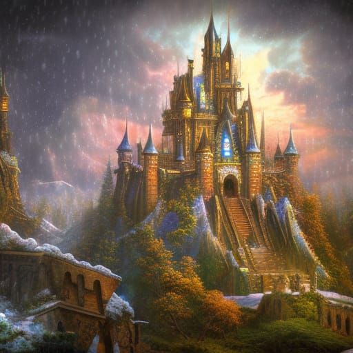 Psychedelic fantasy castle after snowfall