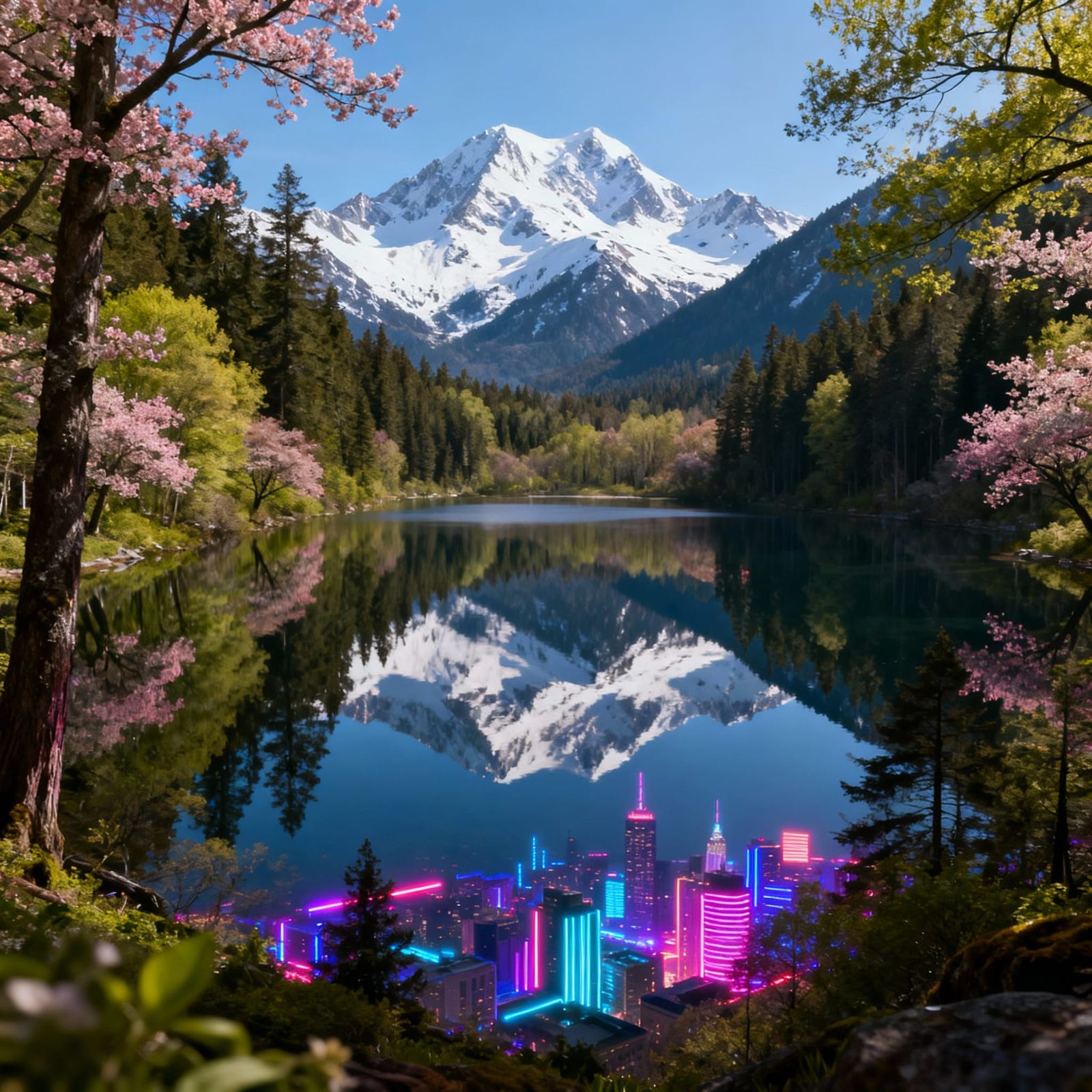 Vibrant Spring Forest by Reflective Lake with Neon City