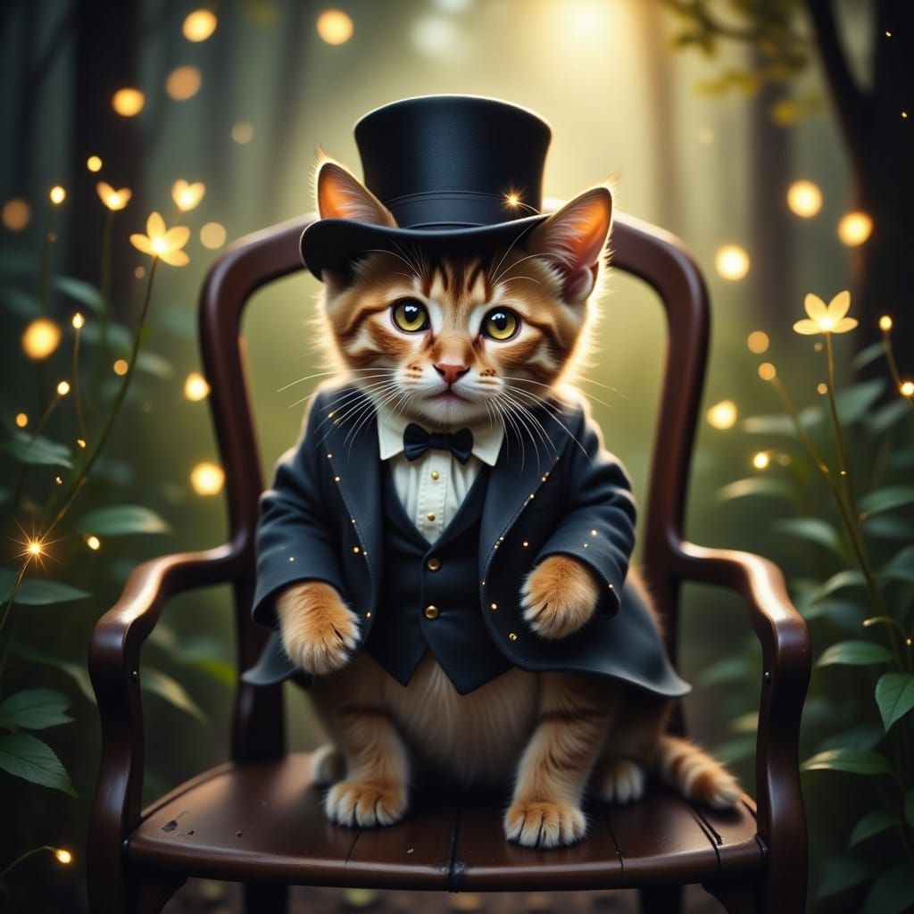 An adorable dapper baby cat wearing a suit and top hat, sitting on a nice chair, enchanting background, dreamlike <lora:Fairy Lights Flux:1....