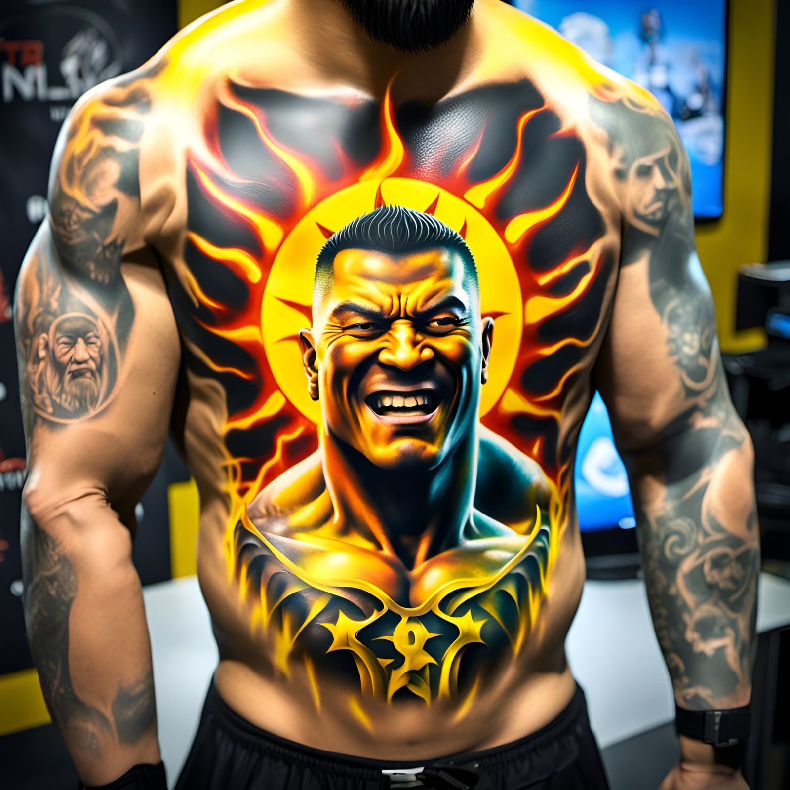 3D tattoo on wrestlers back of magna yellow happy sun ripping through ...