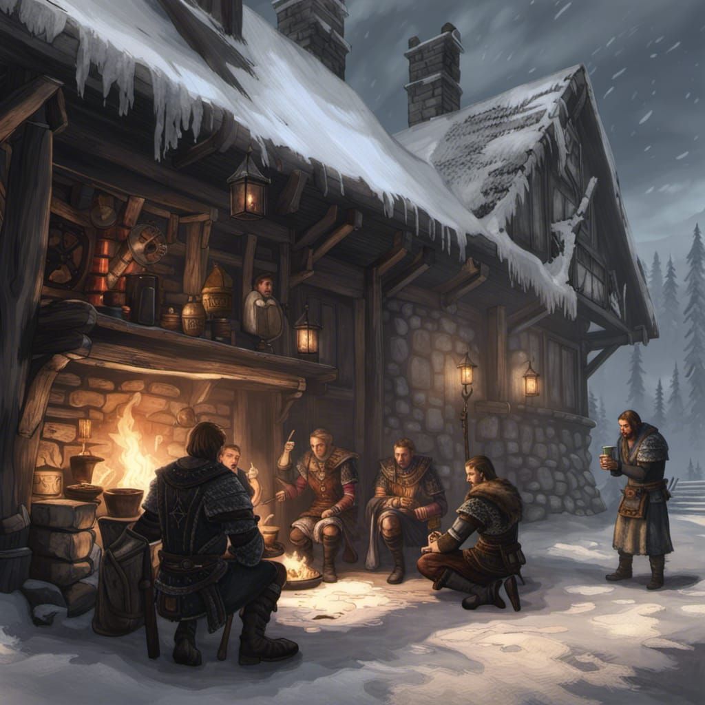 the Frozen Hearth inn, Winterhold, Skyrim, blizzard outside, roaring