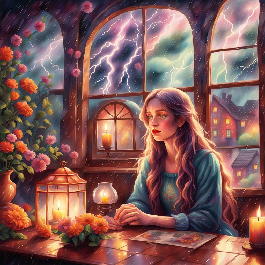 long haired woman crying
sitting next to window rain lightni...