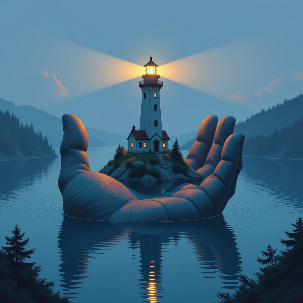 inside a huge stone hand is a lake with an island in the middle. on the island is a lighthouse, the beam of which illuminates the surroundin...