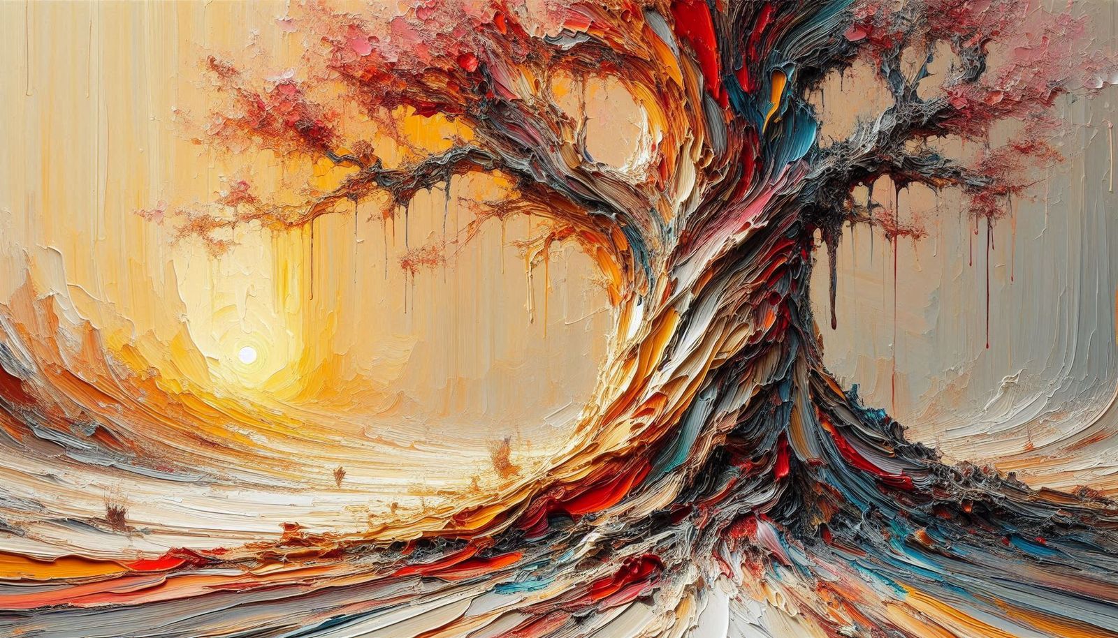 Abstract Expressionism. Medium shot. A tall, twisted tree stands alone in a white and red desert