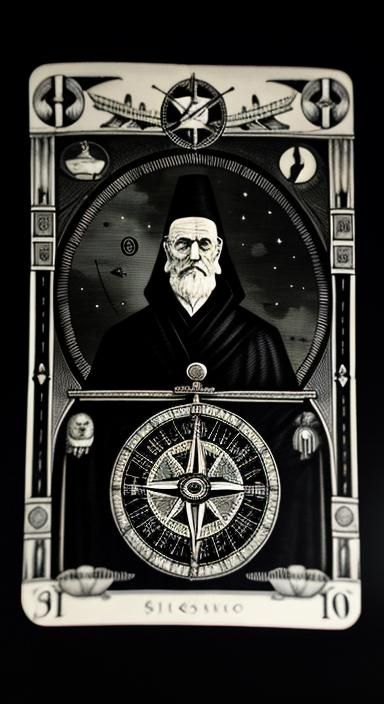 black and white photography. fog. old fashioned tarot card d...