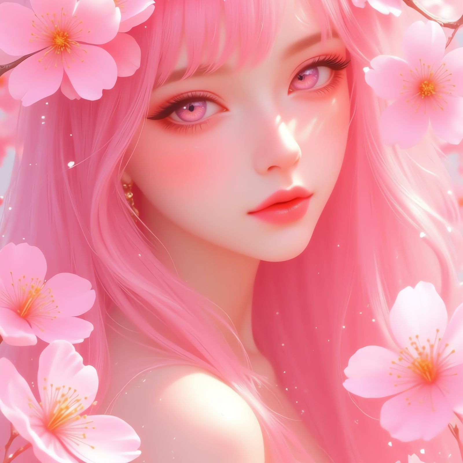 A dreamy, ethereal portrait of a beautiful young woman with pastel pink hair and straight bangs, surrounded by blooming cherry blossoms. Her...