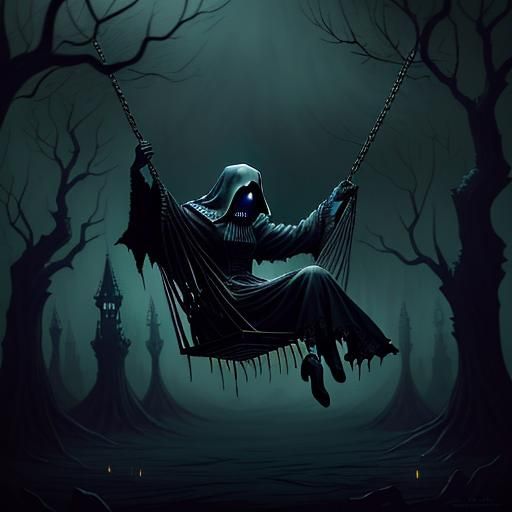 A haunting and captivating painting of a ghost on a swing, rendered in ...