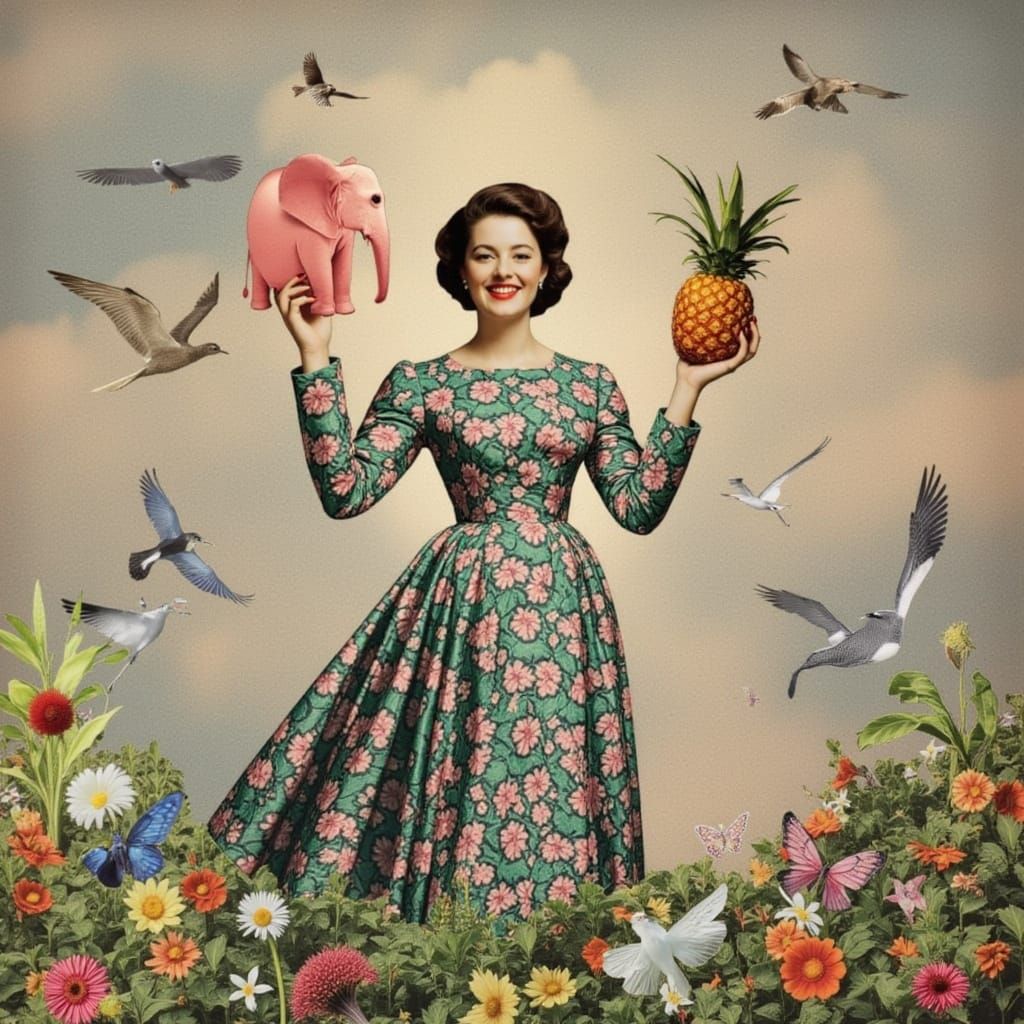 <lora:paper collages:1.0> A vintage woman holding up a pink elephant with a pineapple, surrealist collage