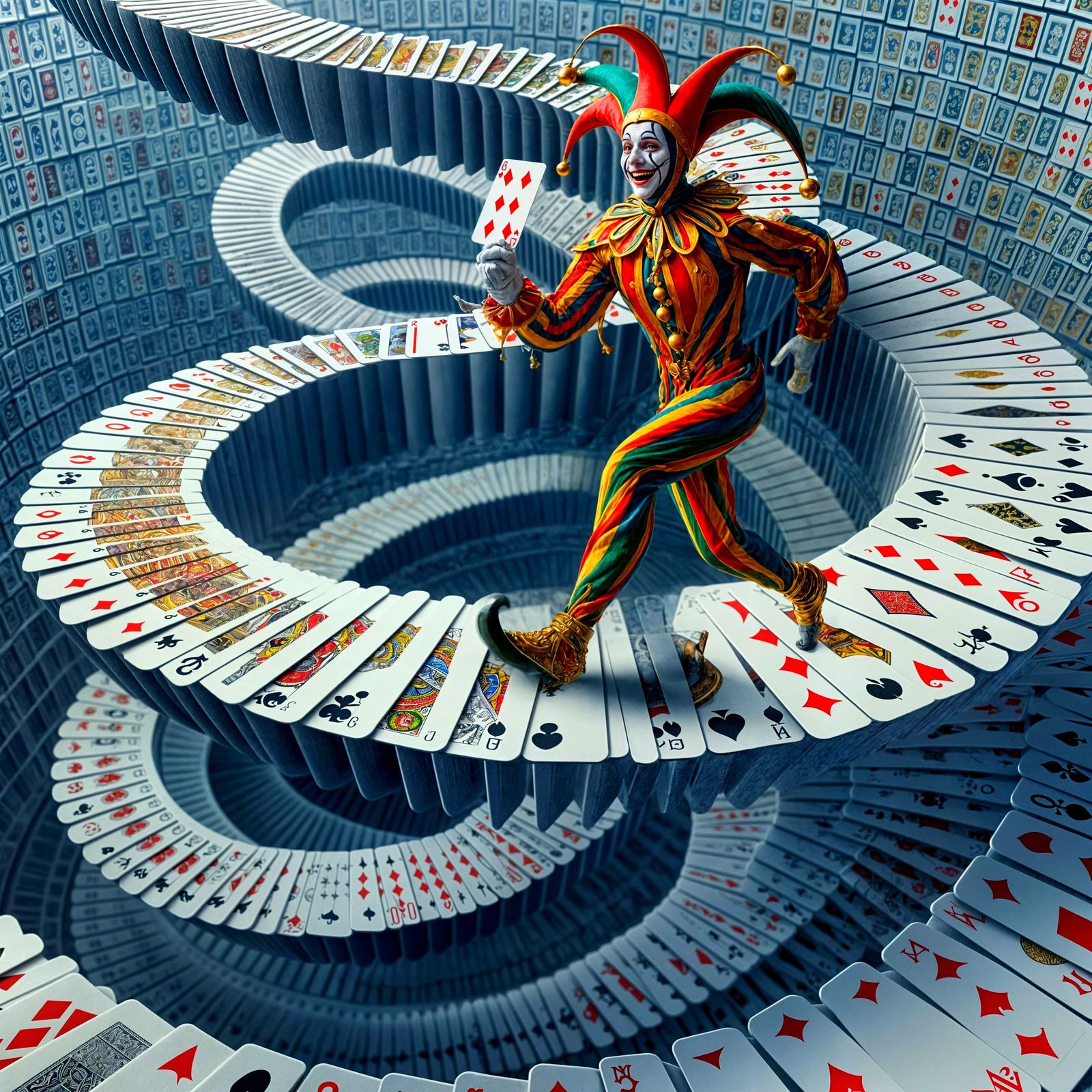 The jester runs along a pathway made of a deck of cards.  by @SrgGrkv