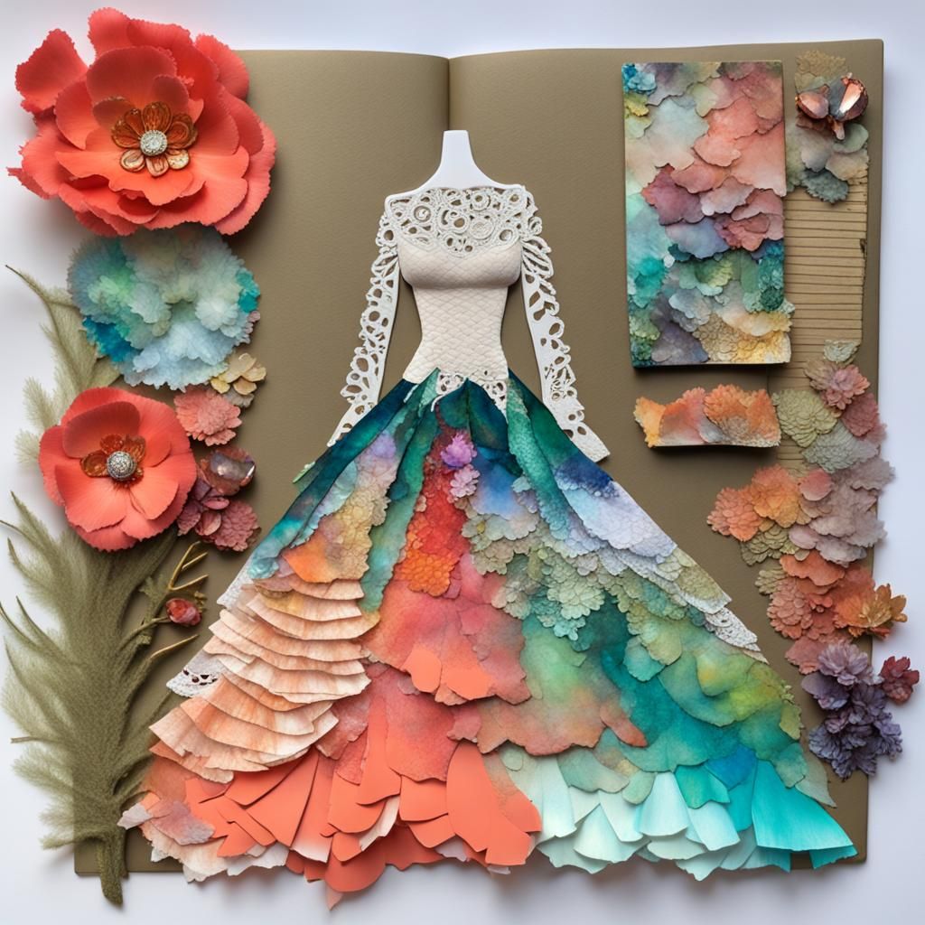 Paper Collage Ballgown, Long Sleeved Lace Bodice, Vivid Alco...