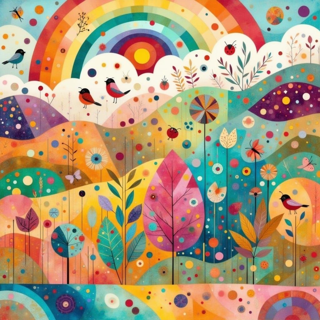 folk art rainbow landscape with a touch of abstract. Think of Klimt meets Natalia Goncharova, Adolph Gottlieb and Matthias Grunewald. Spring...