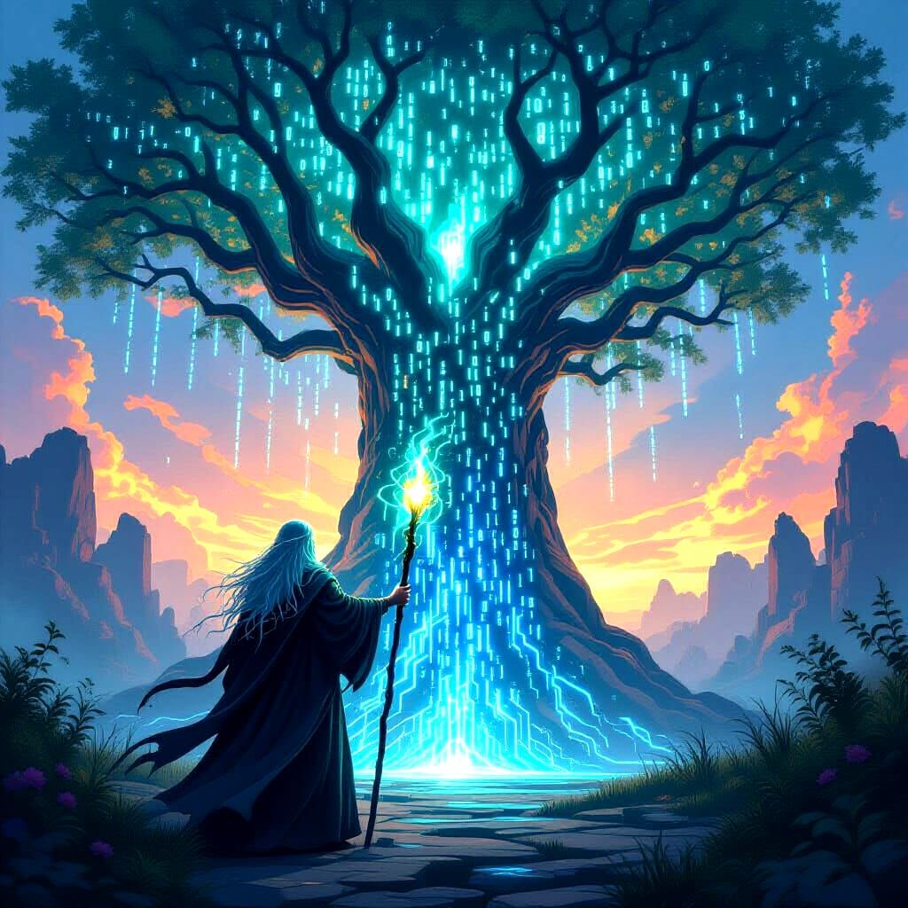 A digital wizard with a staff of pure energy stands before a towering tree of binary code, their eyes glowing with an otherworldly power. Th...
