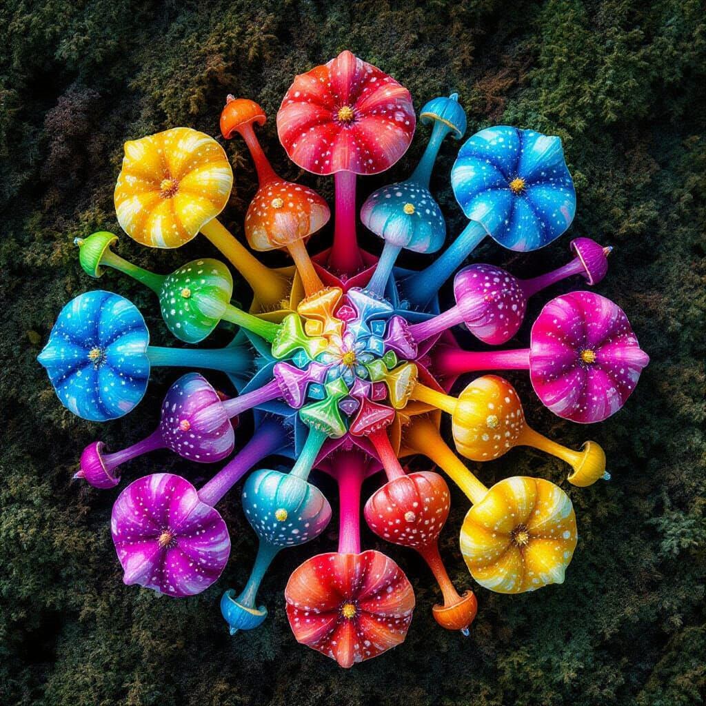 aerial view of a kaleidoscope of multicolored luminous psychedelic mushrooms   by @CyberneticBionic