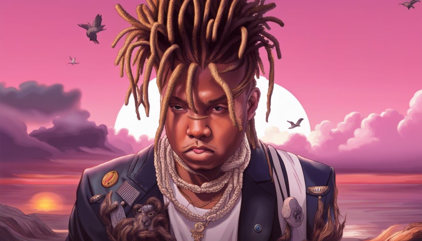obvious Donald Trump face with dreadlocks like Juice WRLD.