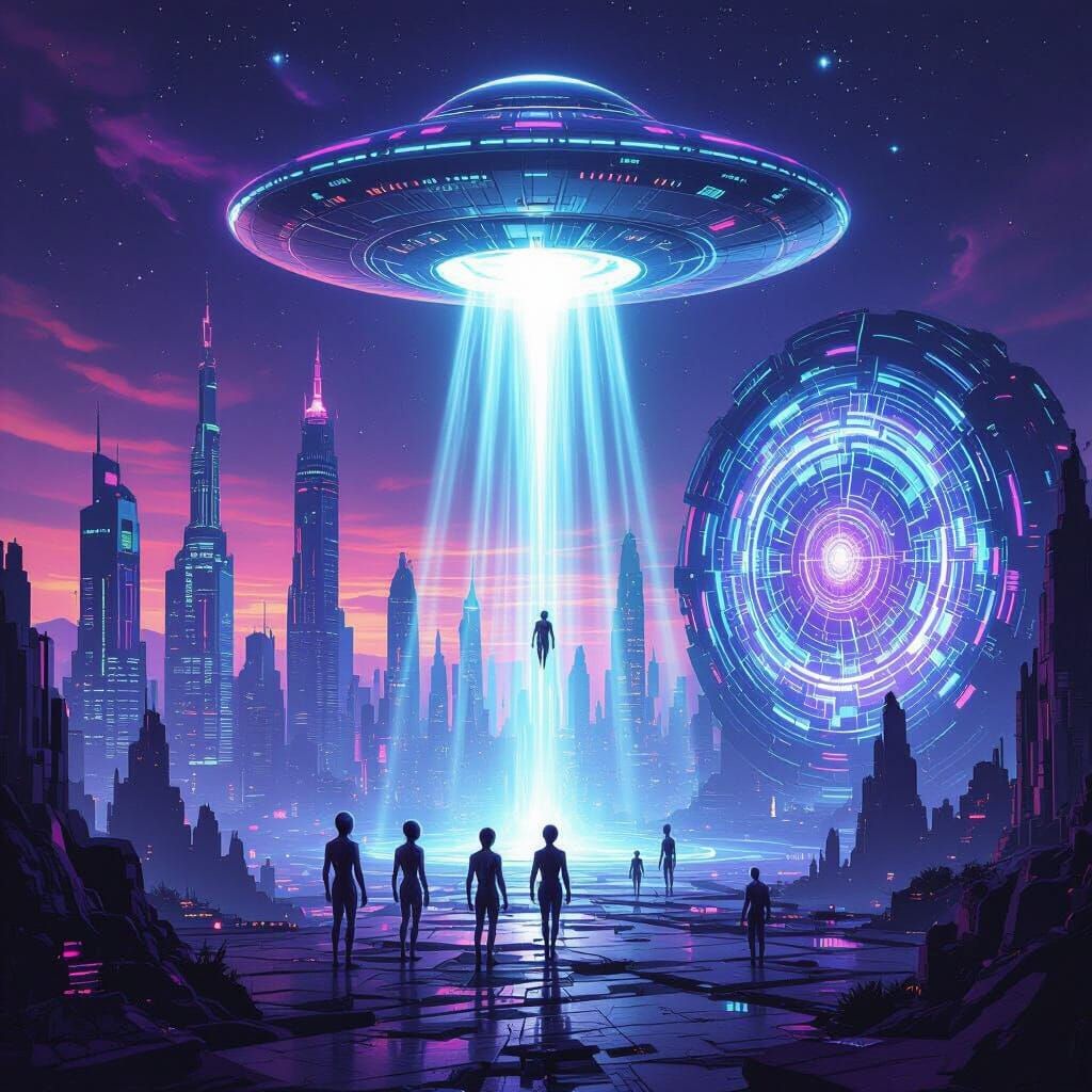 UFO hovering above earth, rays coming down with aliens coming down too, showing the land with people and futuristic aliens on land with a fu...