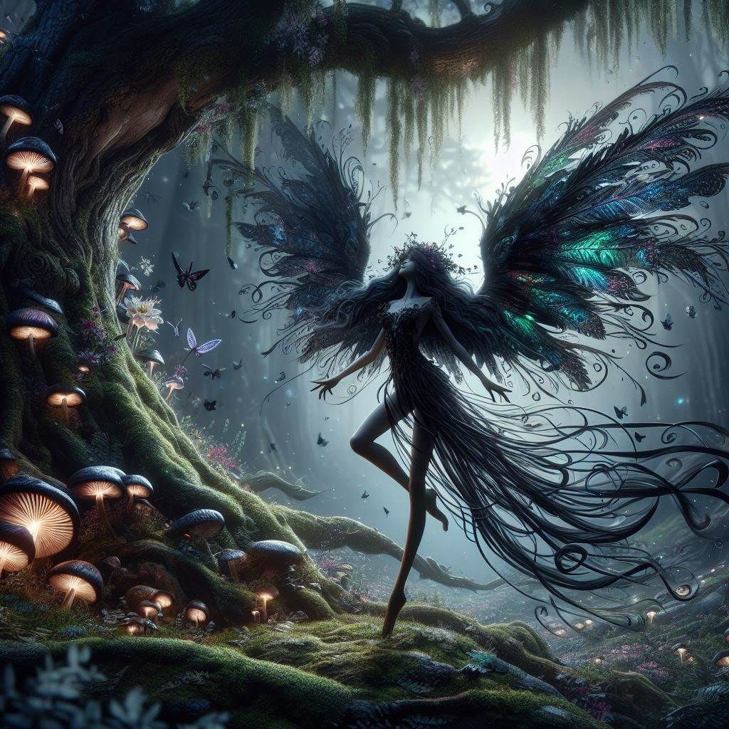 Dark faerie in the magic forest at night (1)