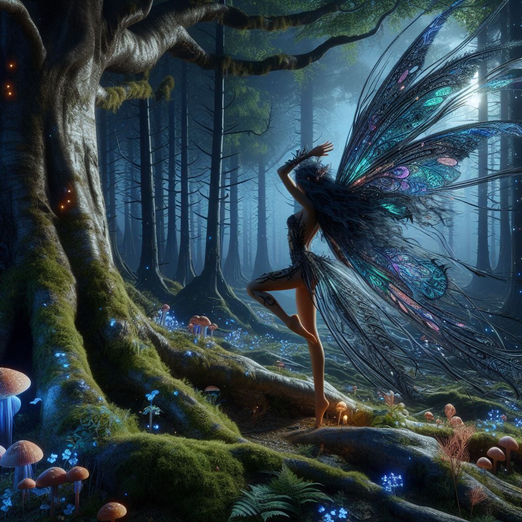 Dark faerie in the magic forest at night (2)