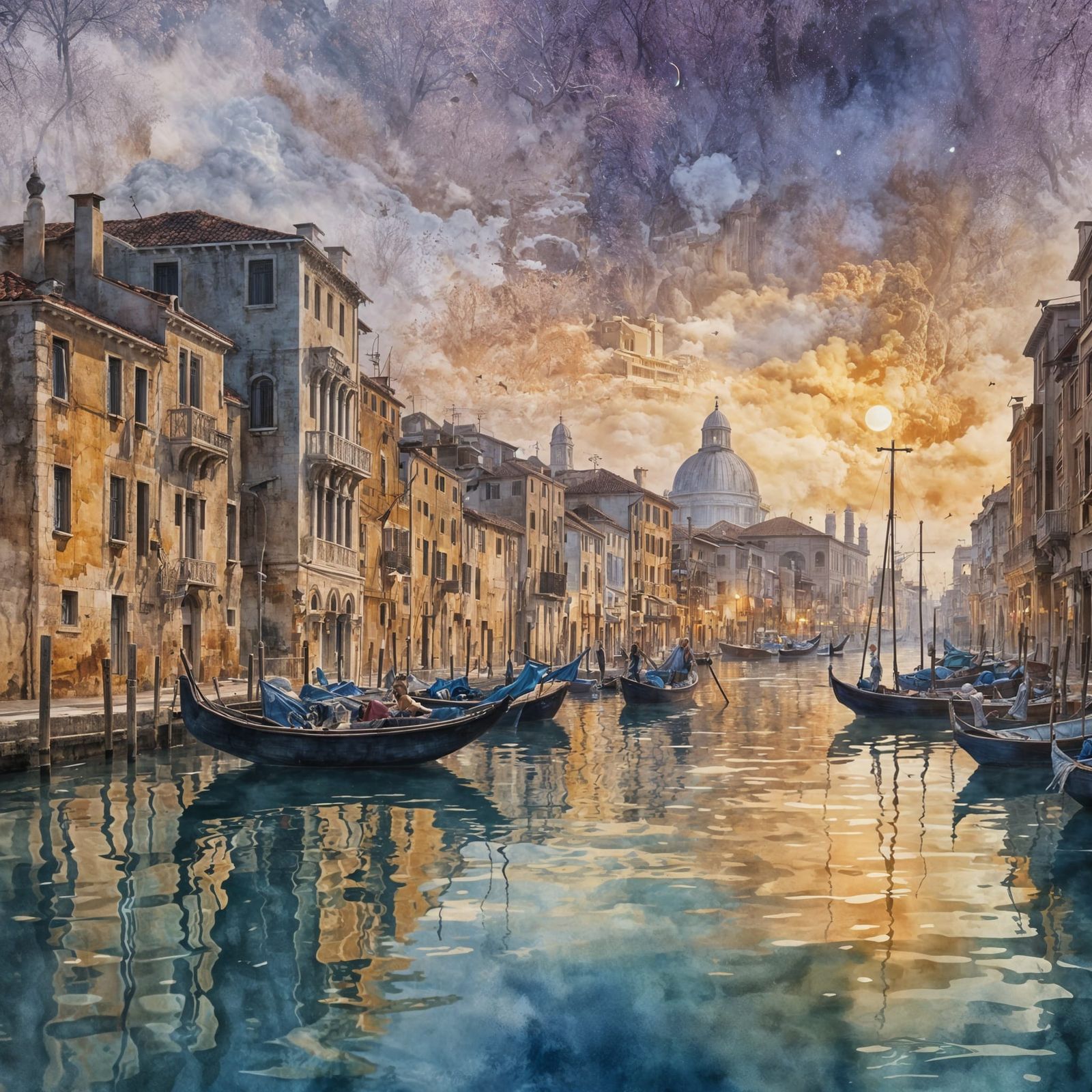 Serene Venice Harbor at Twilight: Watercolor Art