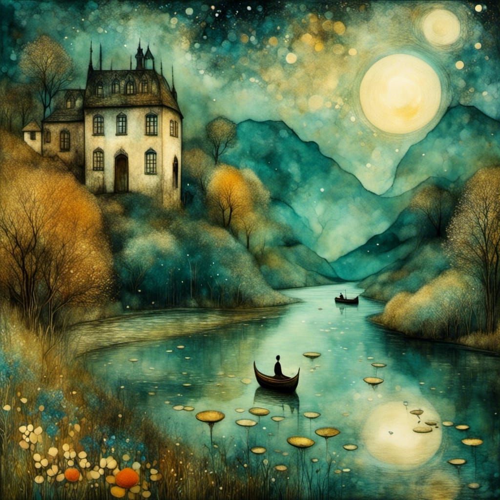 <lora:Liquid Ink:1.0> A little boat on the most beautiful river ever seen, nostalgic, peaceful, quiet, still, in art brut style by Benjamin...