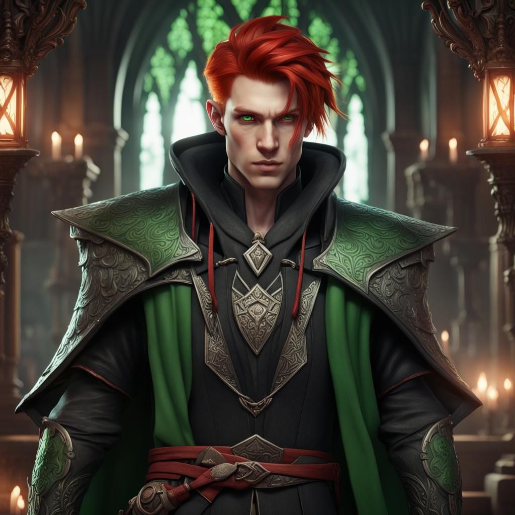 Young human male Warlock with ash White skin and red hair and green ...