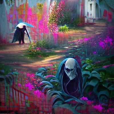 The Grim Reaper walks through a beautiful garden