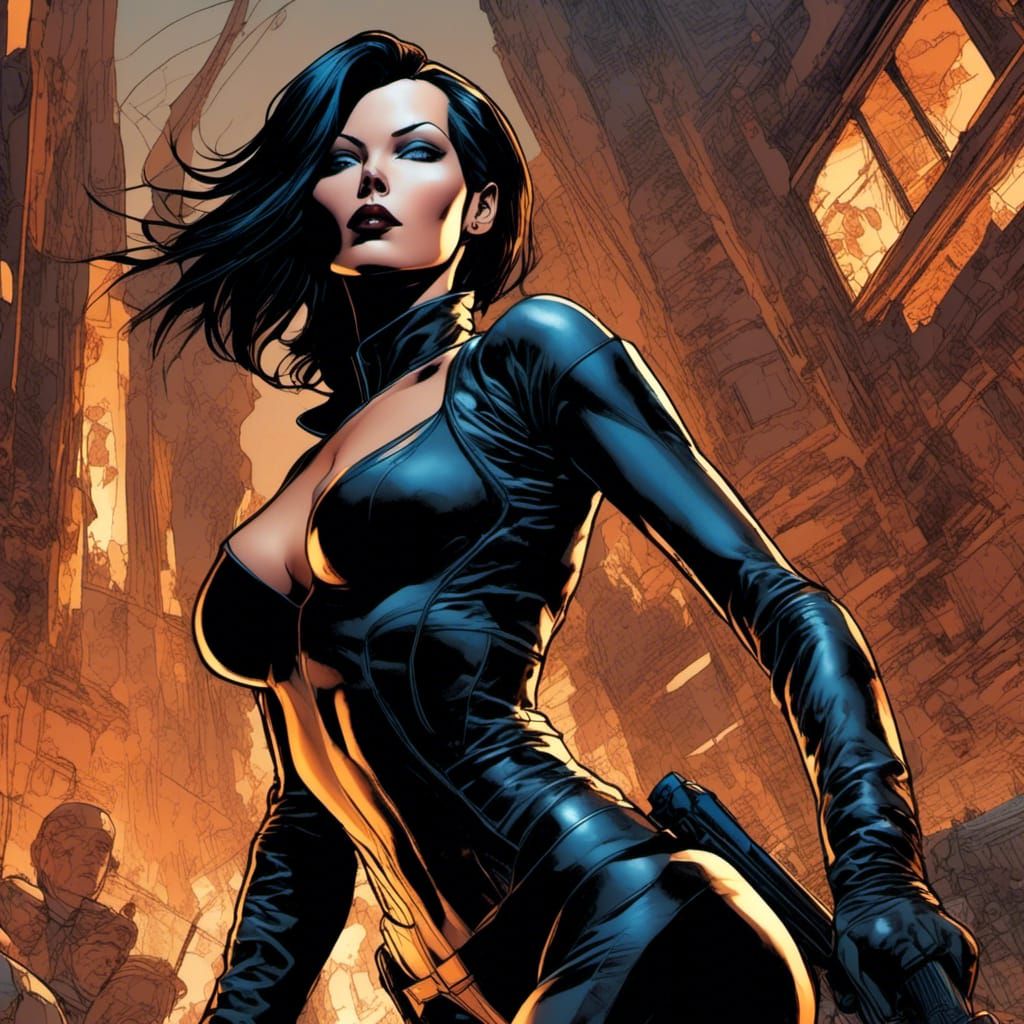 comic book style; back lit, Aeon Flux with beautiful lips, highly detailed HDR eyes, colored, dynamic background, full body view action pose...