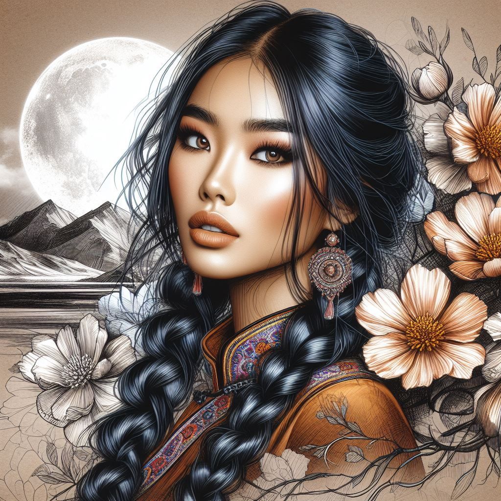 Stunning color sketch of a Beautiful Mongolian Beauty