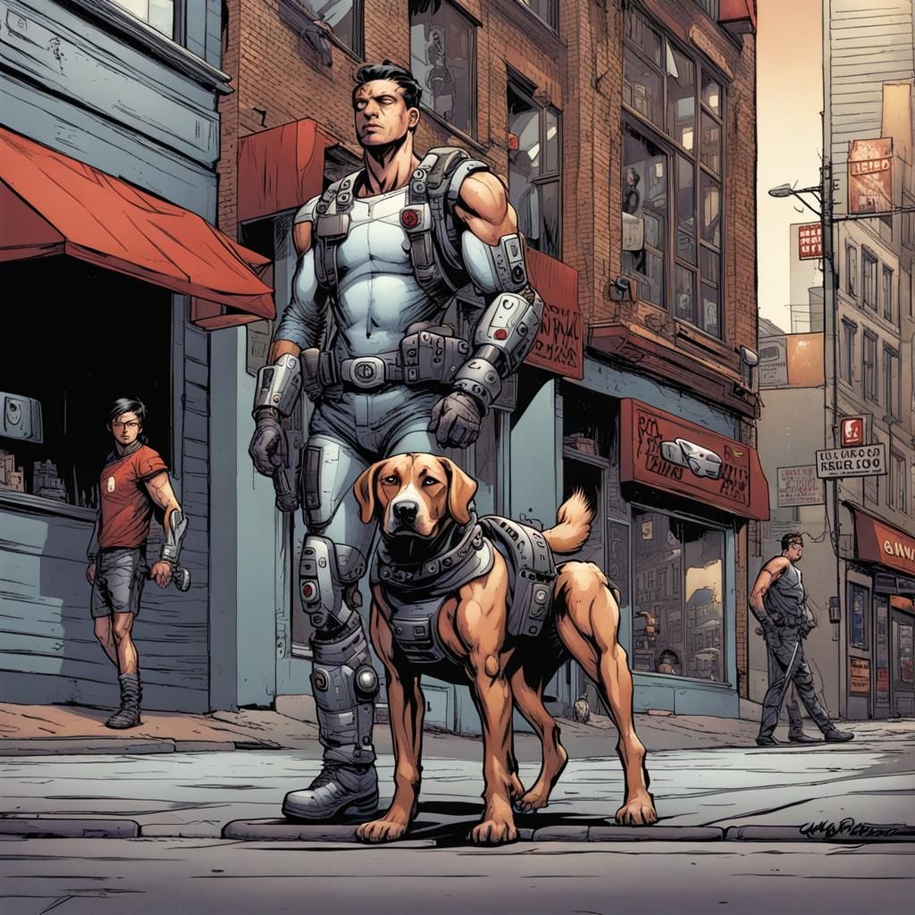 Cyborg man with his cyborg dog waking downtown Montreal QC, Canada Mark Brooks and Dan Mumford, comic ...  by @LoHdessin