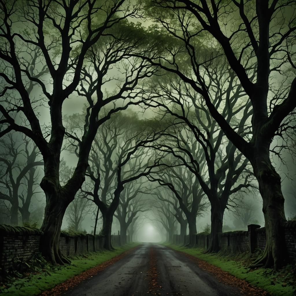 Deep dark black night, branches of trees outstretching and r...