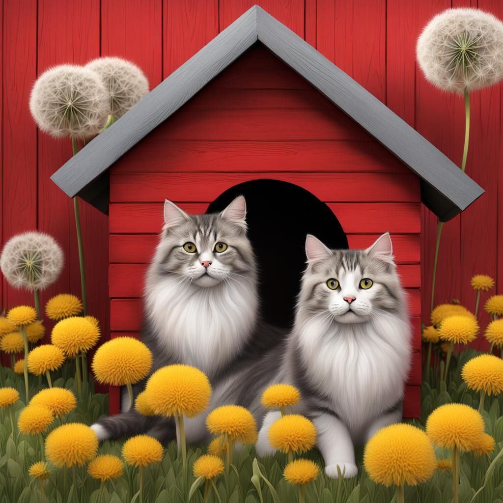 2 fluffy cats in front of red dog house surrounded by dandel...