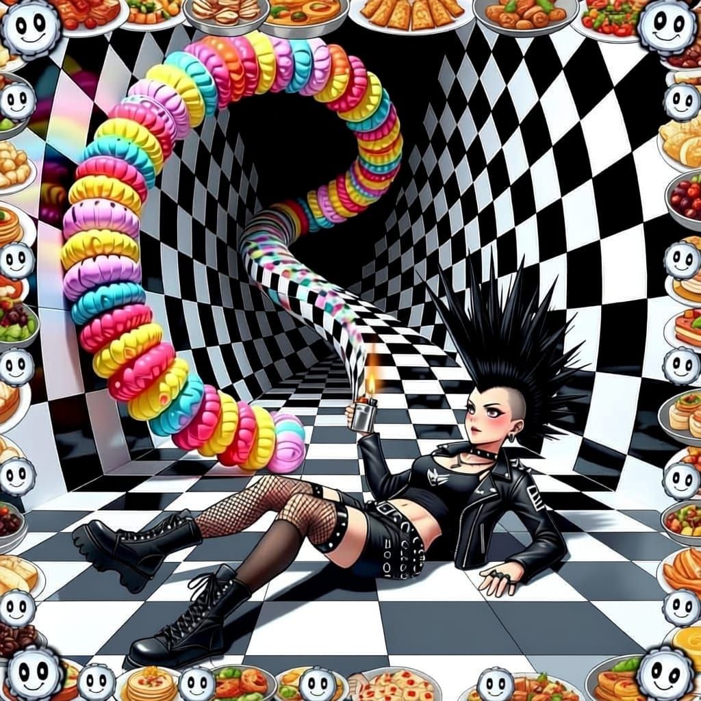 A spiraling spinal cord that twists into a stair case, upward camera angle. The camera follows downward to look at the black and white diamo...