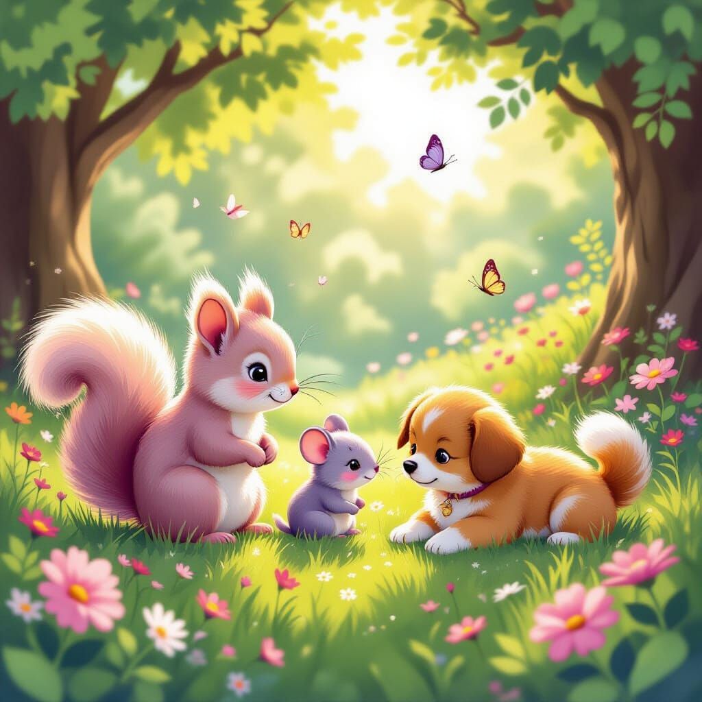 Fluffy Pink Squirrel, Purple Mouse, Orange Puppy in Fairy Ta...