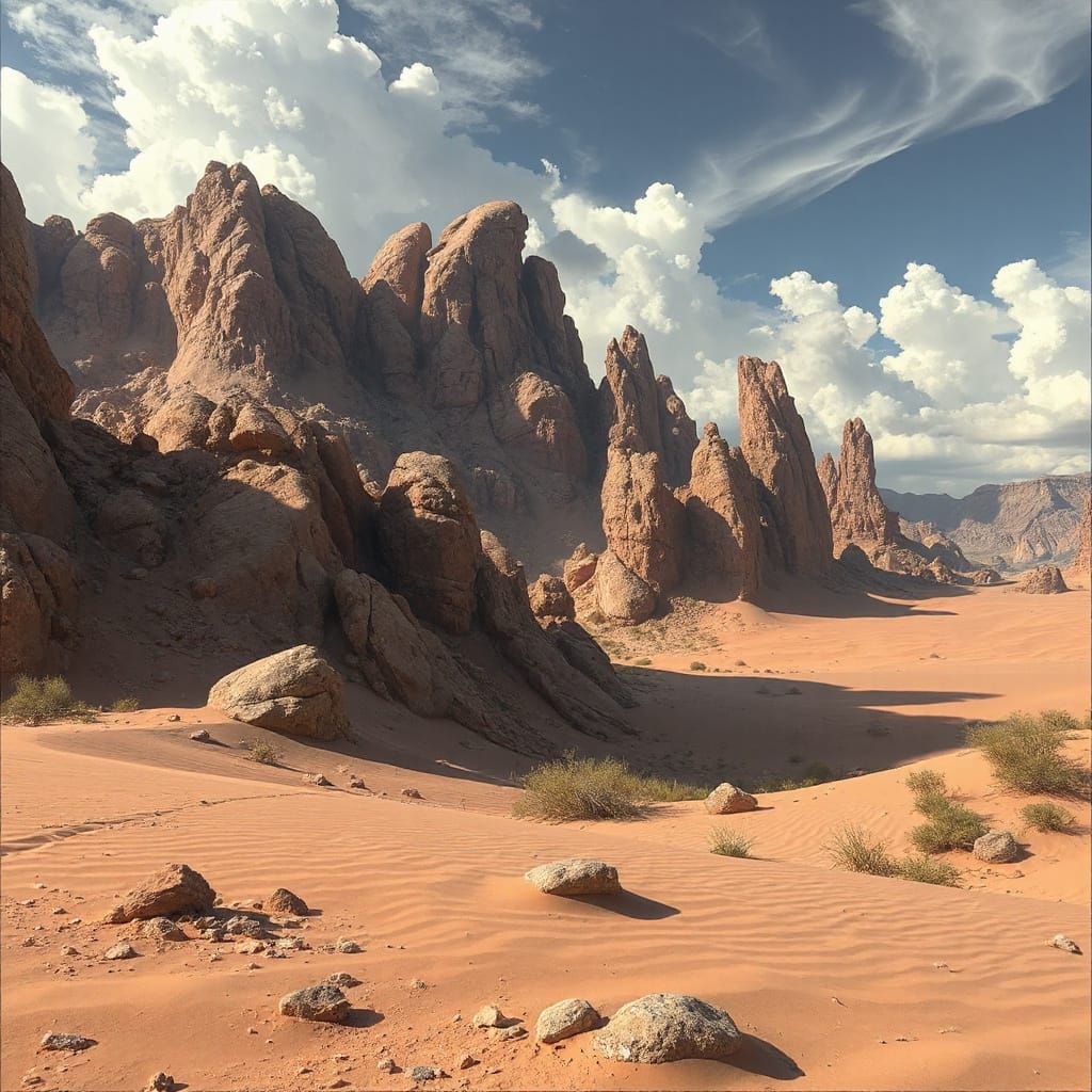 Realistic Desert Landscape with Dunes and Outcrops