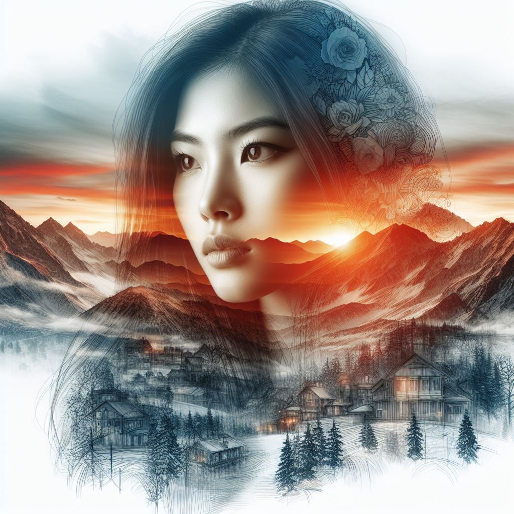 Double Exposure, Stunning Sketch portrait of a Young Asian Woman, Winter Mountain landscape