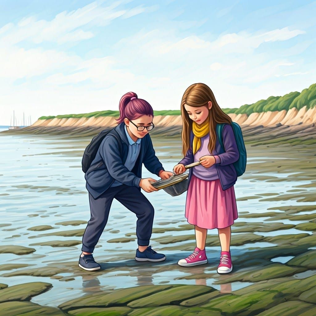 At the harbor at low tide, Grace showing Brittany how to col...