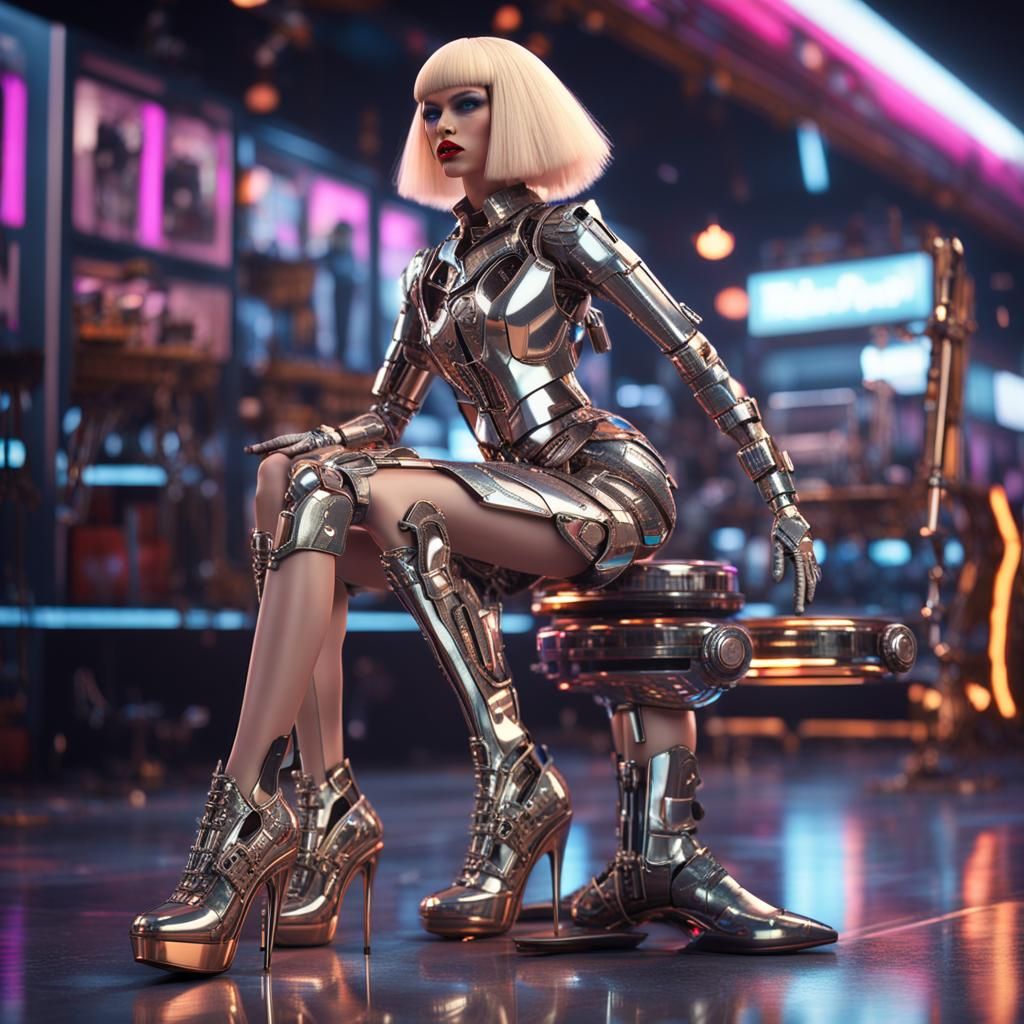 AI robot dressing like a drag queen in hight heels, blond wi...