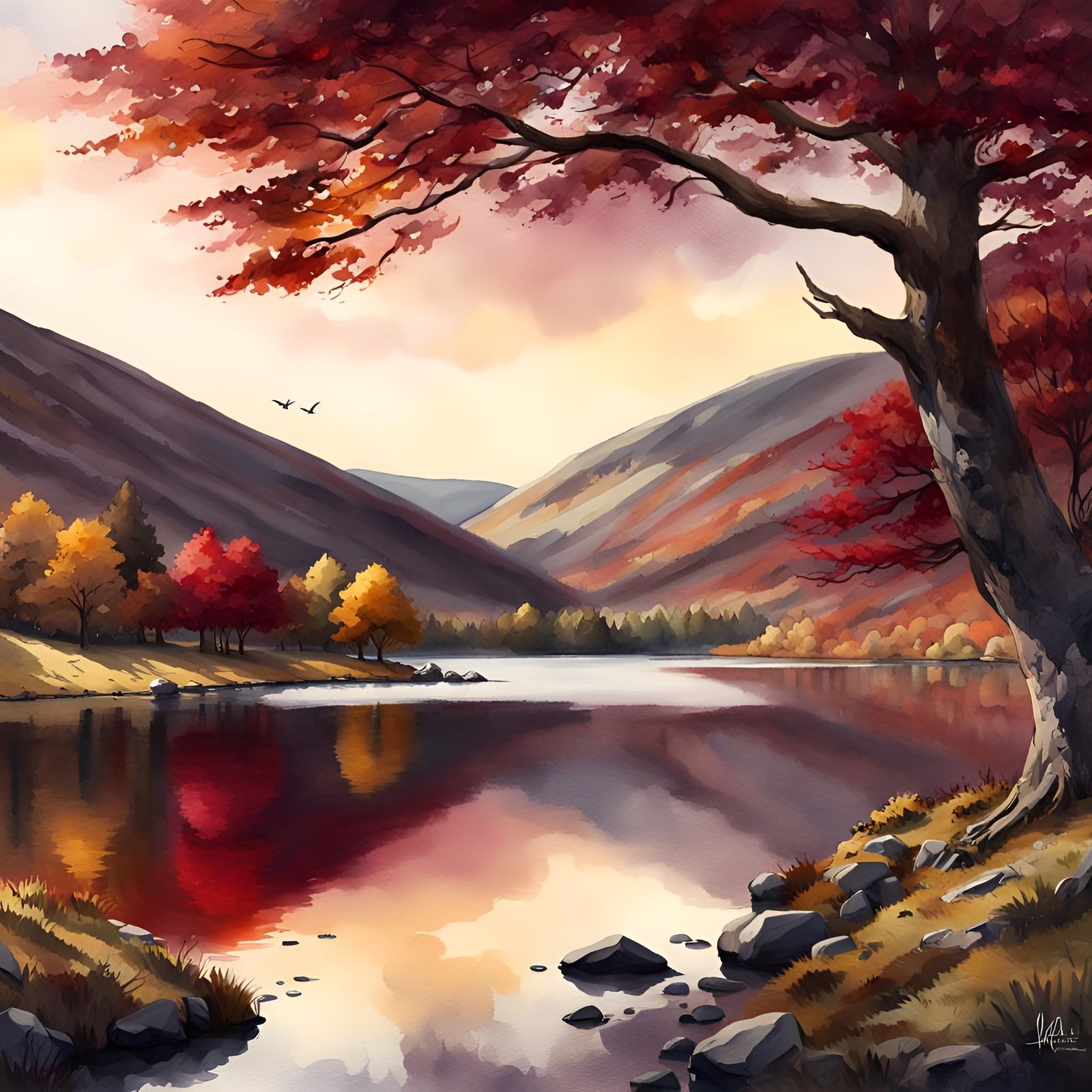 A watercolour painting of Glendalough Lake, County Wicklow, Ireland. Calm, Serenity, peace, late