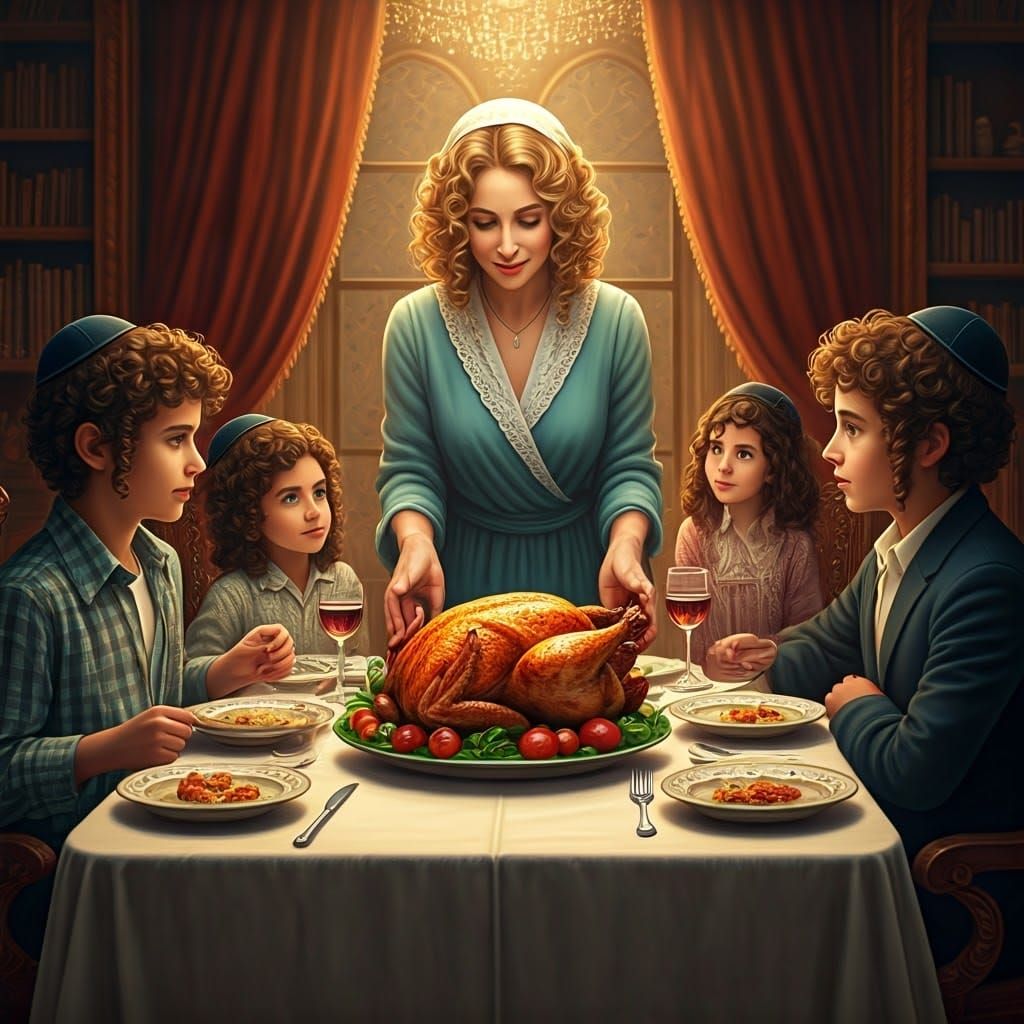 שולחן שבת האבא בראש השולחן ושתי ילדים קטנים  בצד ימין ושתי ב...