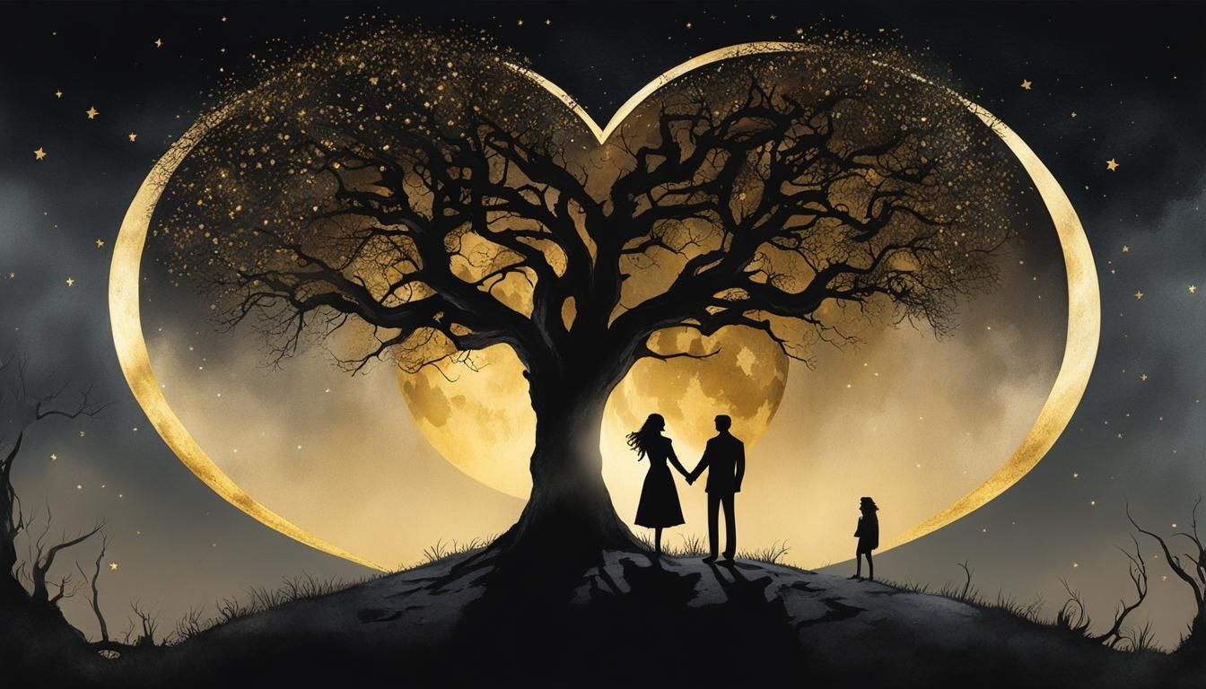 Romantic Couple Under Heart Tree in Gothic Illustration