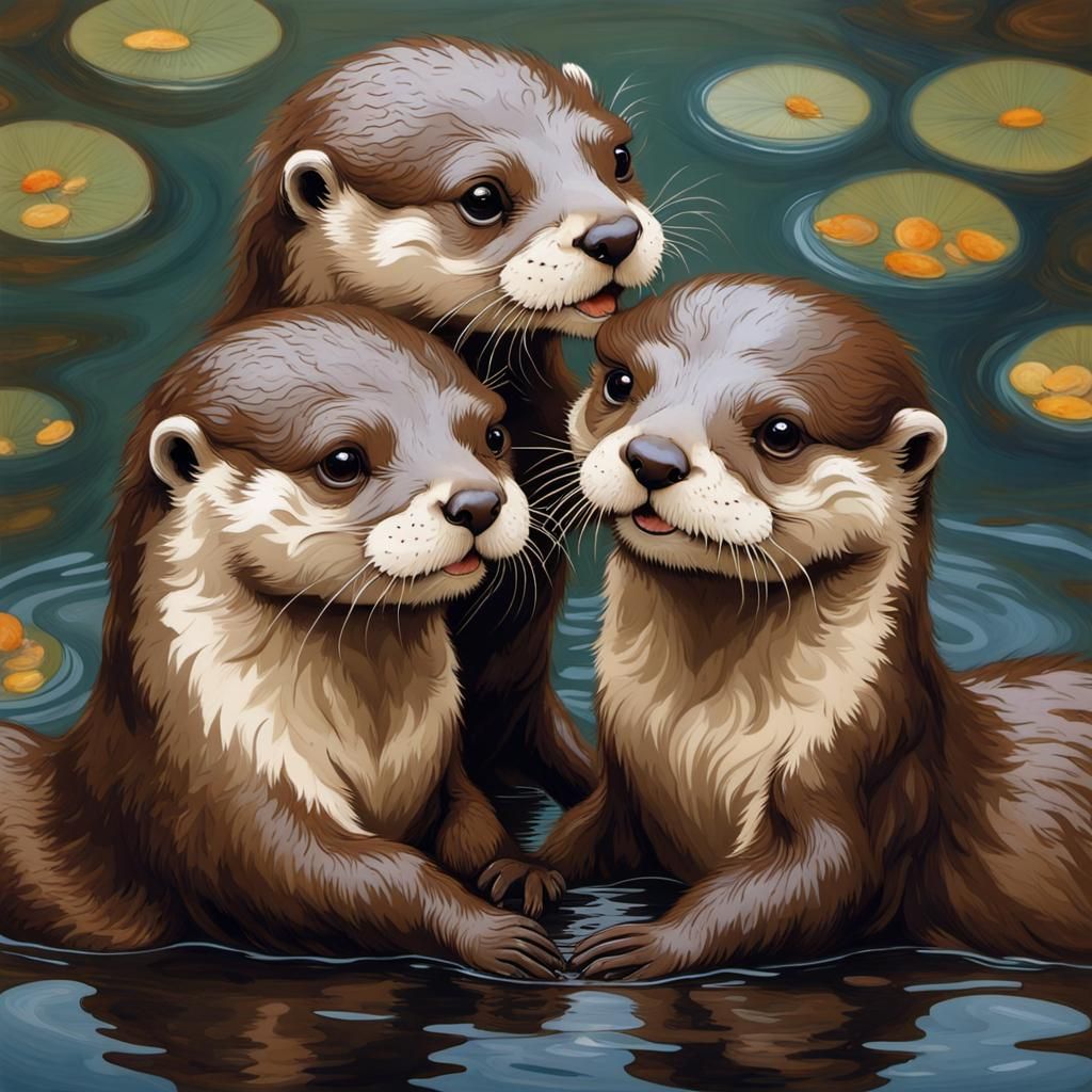 Very cute adorable otters playing together in the water - AI Generated ...