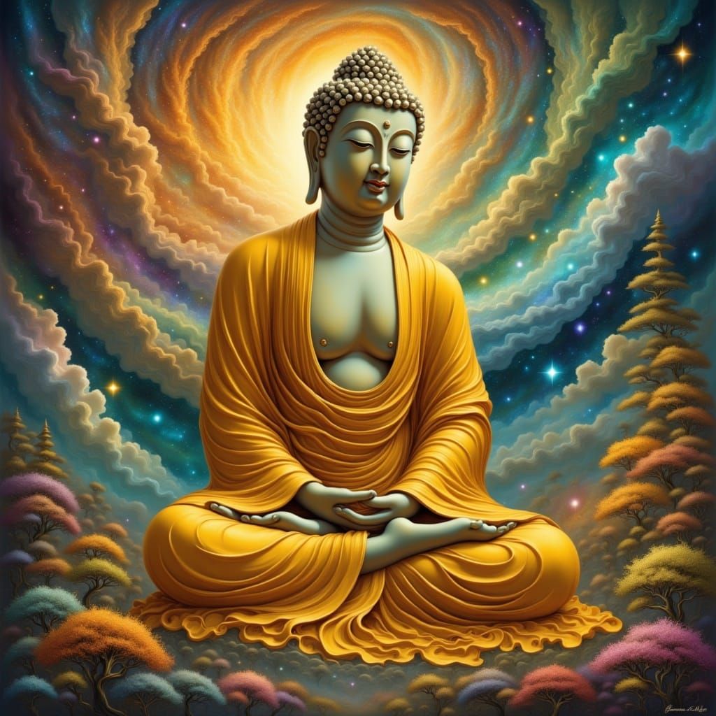Buddha, draped in a yellow robe, meditating amidst a mesmerizing universe filled with vibrant galaxy clusters and stars. <lora:Movement-bg-f...