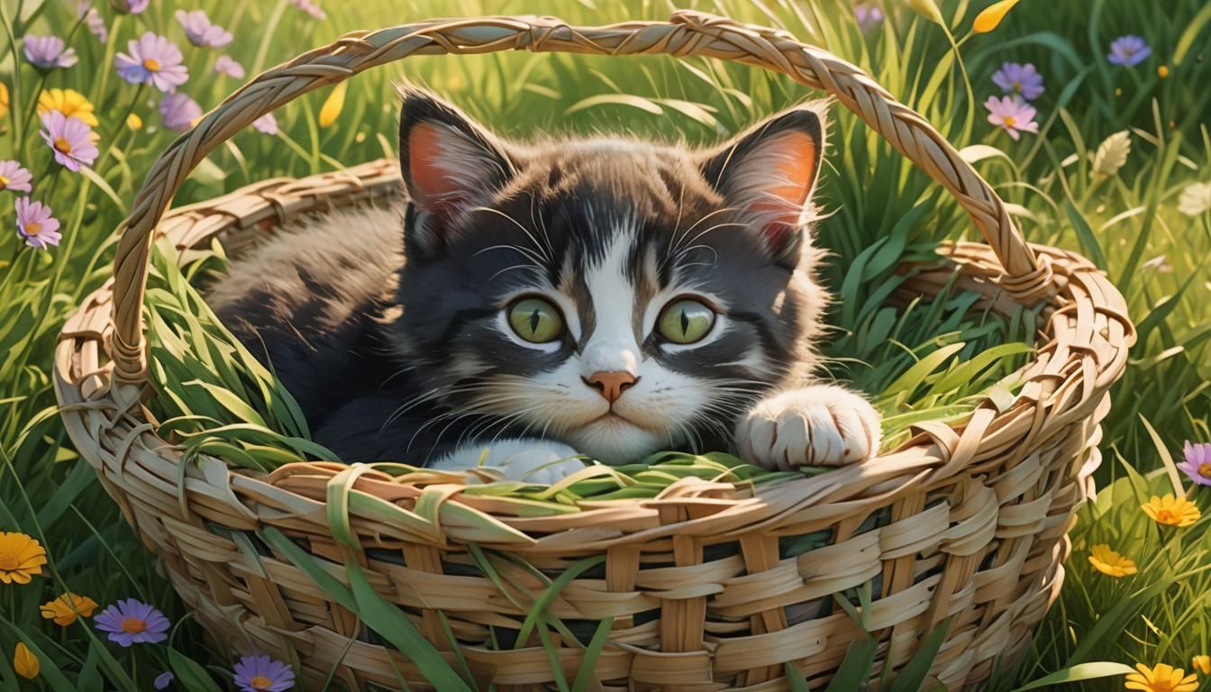 One kitten sleeps in a basket in a meadow