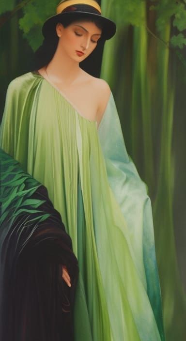 Dark haired Gaia clad in green robes of luxuriant foliage