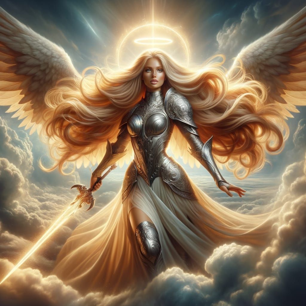 Ethereal Angel in Silver Armor Radiates Holy Light