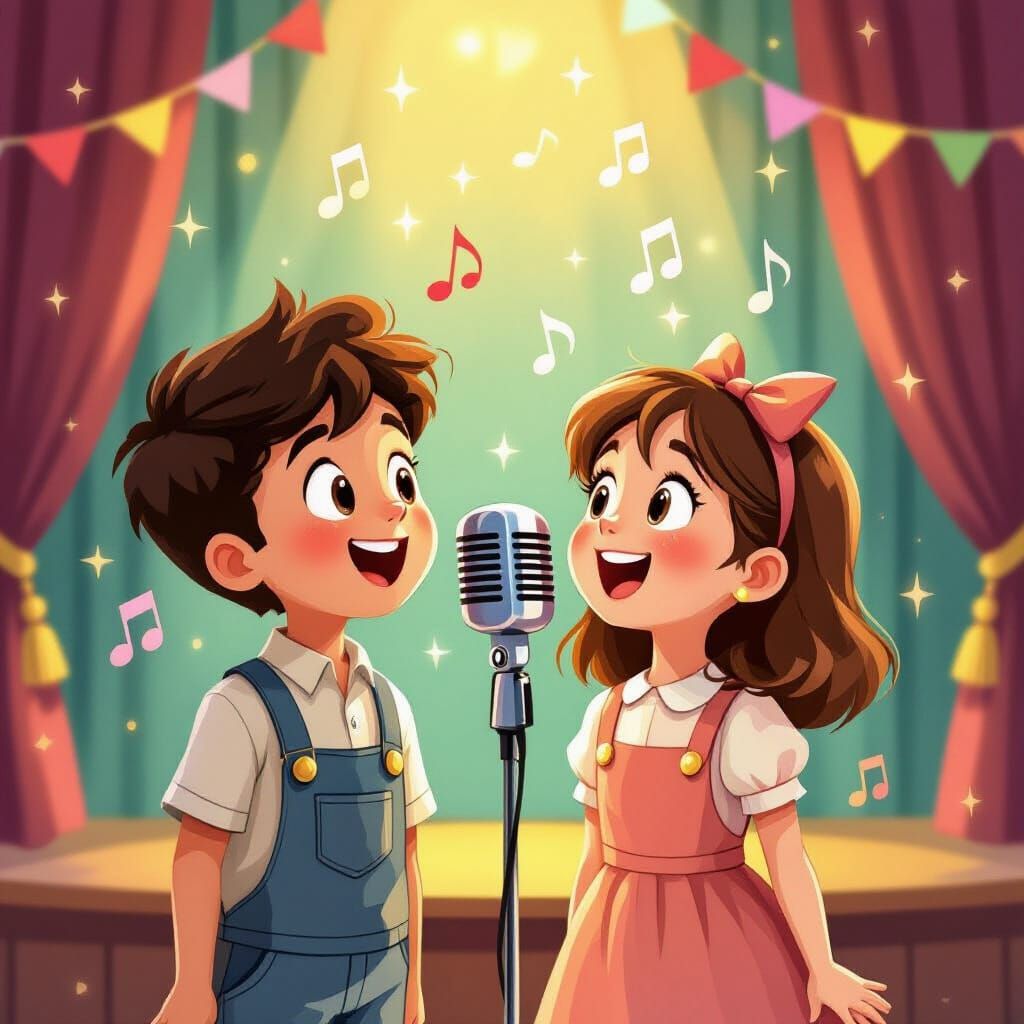 Joyful Children Singing on Whimsical Stage
