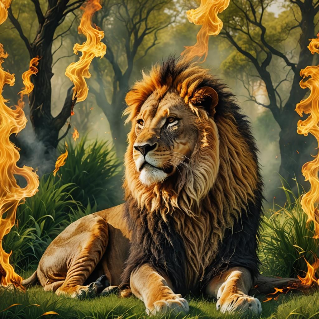 lion on yello fire that is sitting on grass